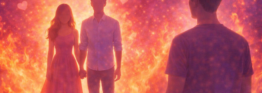 Cuckold – sylwetka mężczyzny obserwującego parę trzymającą się za ręce na tle pastelowego, romantycznego tła