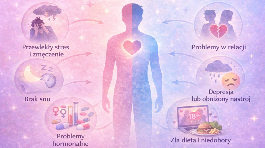 Dlaczego spada libido: stres, brak snu, problemy hormonalne, zła dieta, relacje, depresja, pornografia